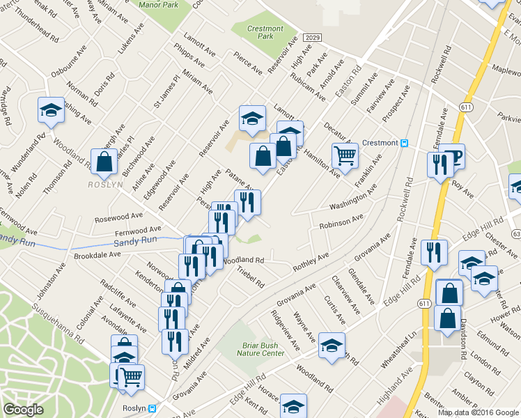 map of restaurants, bars, coffee shops, grocery stores, and more near 1509 Easton Road in Abington