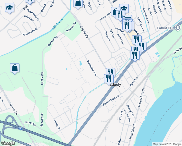 map of restaurants, bars, coffee shops, grocery stores, and more near 22 Woodside Avenue in Levittown