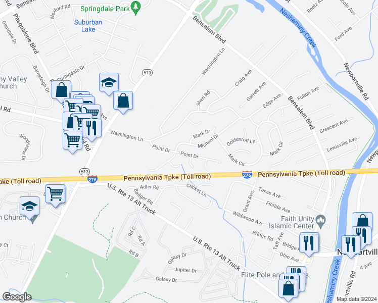 map of restaurants, bars, coffee shops, grocery stores, and more near 1614 Point Drive in Bensalem