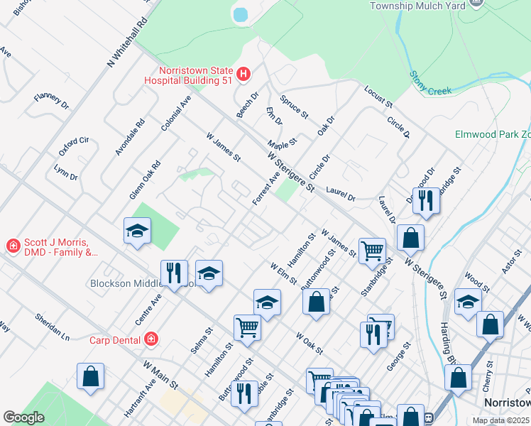 map of restaurants, bars, coffee shops, grocery stores, and more near 1321 West Beech Street in Norristown
