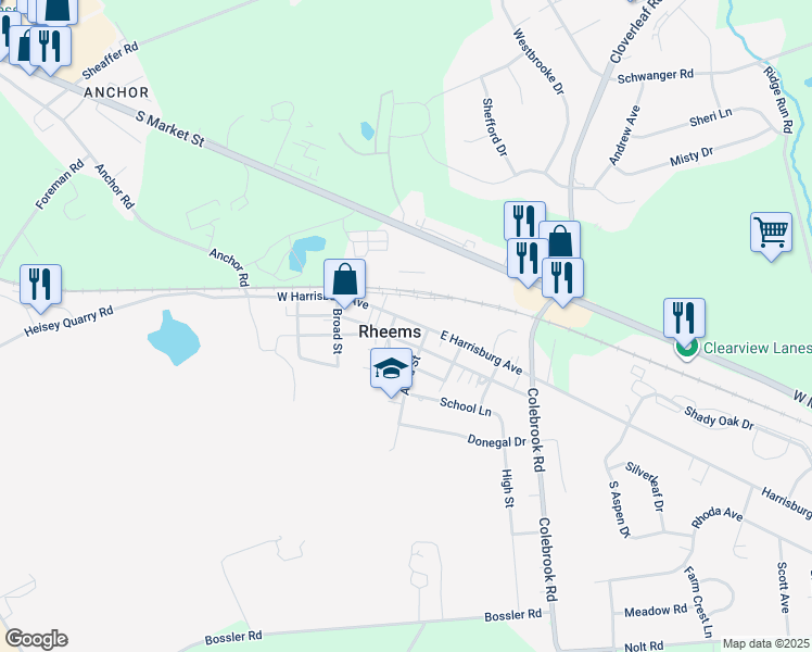 map of restaurants, bars, coffee shops, grocery stores, and more near 108 East Harrisburg Avenue in Elizabethtown