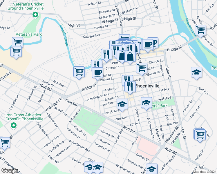 map of restaurants, bars, coffee shops, grocery stores, and more near 200 Lincoln Avenue in Phoenixville