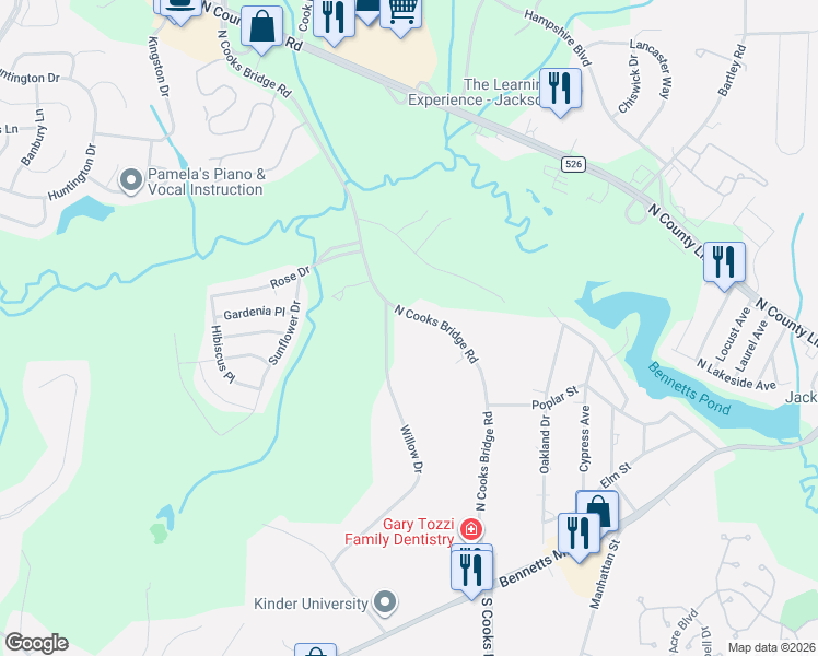 map of restaurants, bars, coffee shops, grocery stores, and more near 196 Willow Drive in Jackson Township