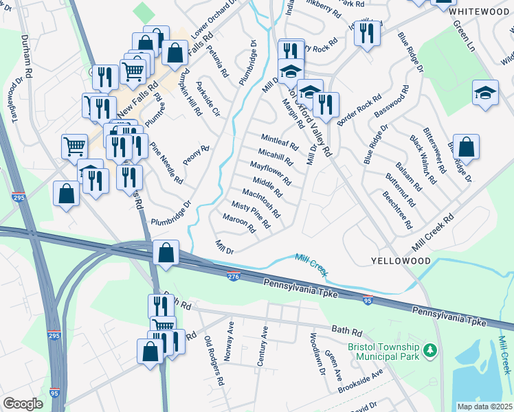 map of restaurants, bars, coffee shops, grocery stores, and more near 28 Misty Pine Road in Levittown
