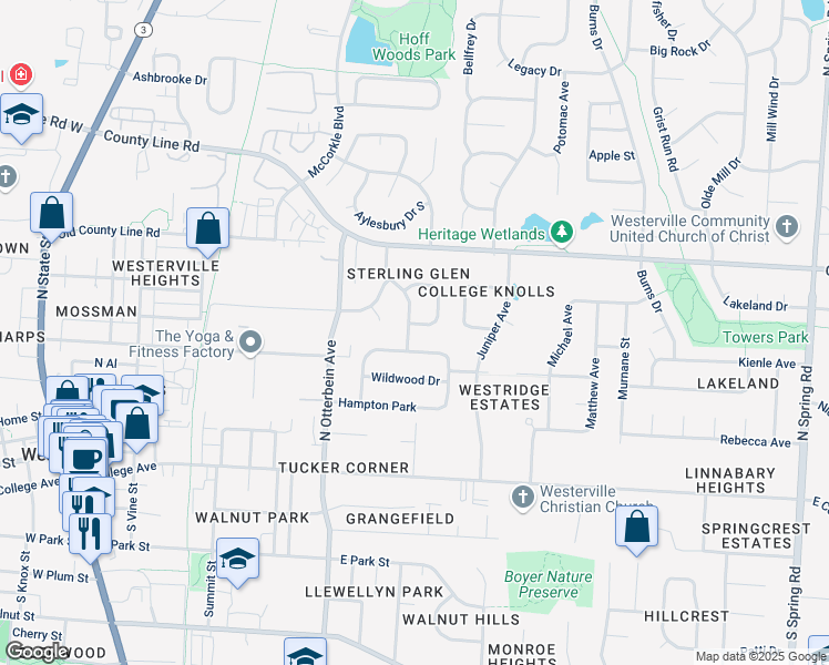 map of restaurants, bars, coffee shops, grocery stores, and more near 180 Sterling Glen Drive in Westerville