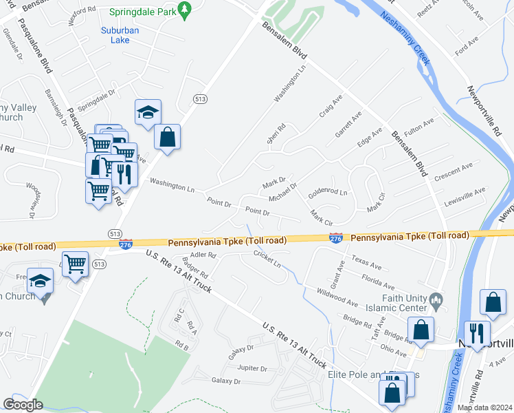 map of restaurants, bars, coffee shops, grocery stores, and more near 1614 Point Drive in Bensalem