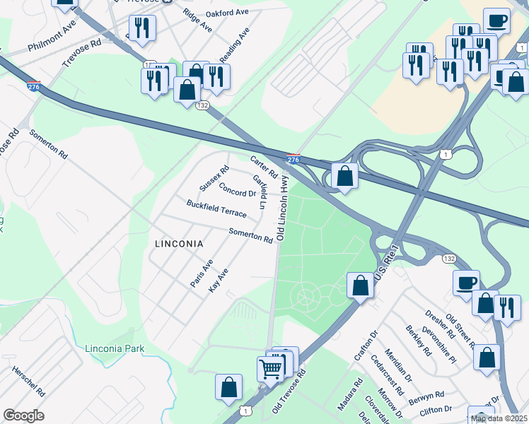 map of restaurants, bars, coffee shops, grocery stores, and more near 2861 Garfield Lane in Feasterville-Trevose