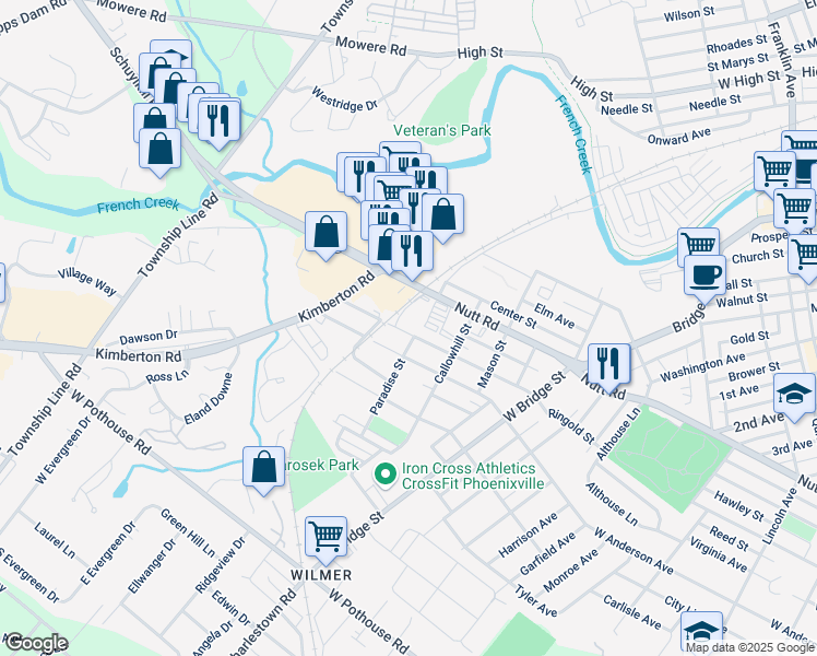 map of restaurants, bars, coffee shops, grocery stores, and more near 135 Pennsylvania Avenue in Phoenixville