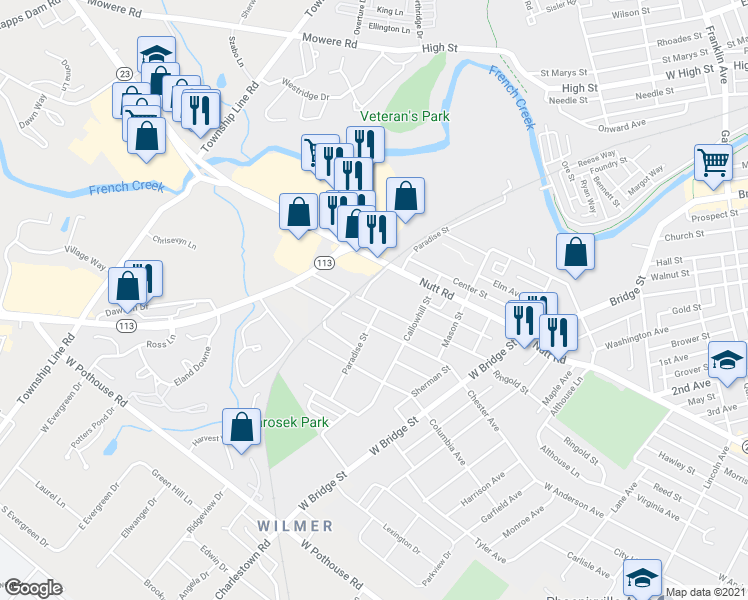 map of restaurants, bars, coffee shops, grocery stores, and more near 135 Pennsylvania Avenue in Phoenixville