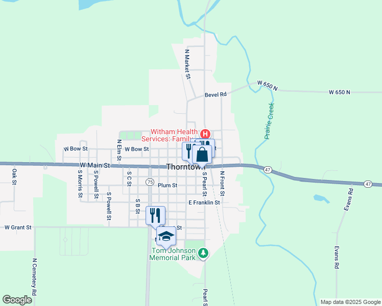 map of restaurants, bars, coffee shops, grocery stores, and more near 124 North Market Street in Thorntown
