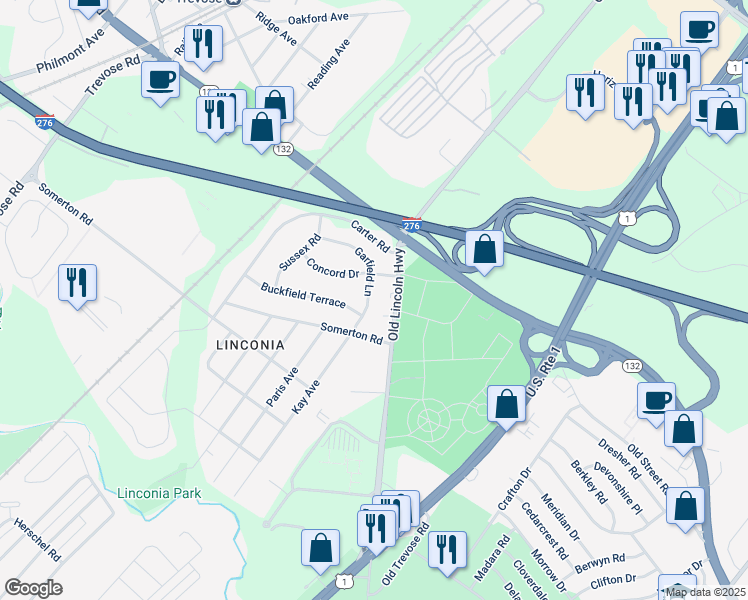 map of restaurants, bars, coffee shops, grocery stores, and more near 2861 Garfield Lane in Feasterville-Trevose