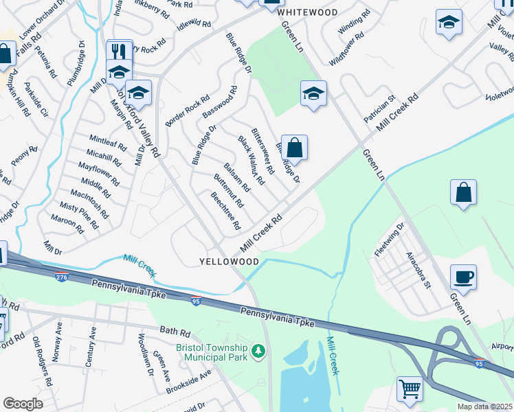 map of restaurants, bars, coffee shops, grocery stores, and more near 9 Balsam Road in Levittown