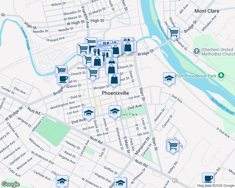 map of restaurants, bars, coffee shops, grocery stores, and more near in Phoenixville
