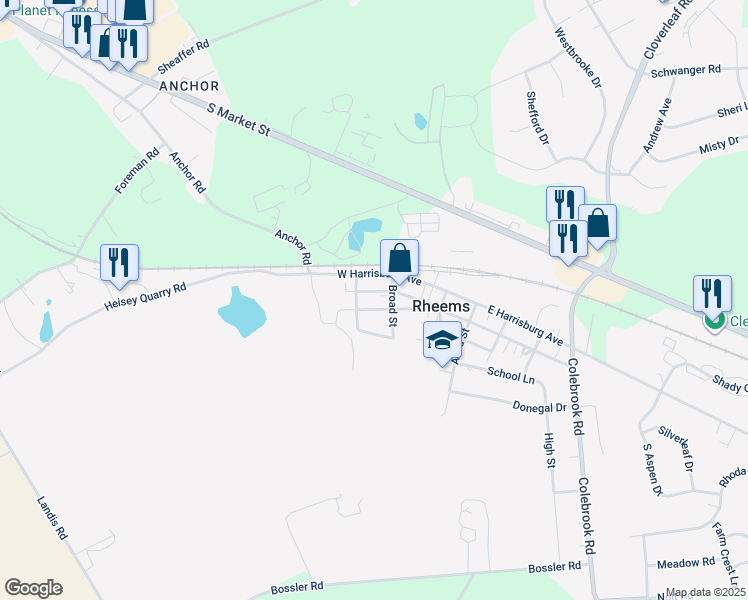 map of restaurants, bars, coffee shops, grocery stores, and more near 140 West Harrisburg Avenue in Elizabethtown