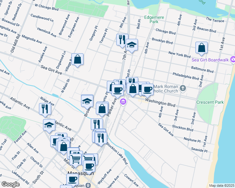 map of restaurants, bars, coffee shops, grocery stores, and more near in Sea Girt