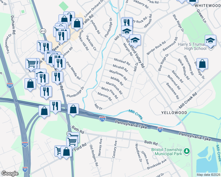 map of restaurants, bars, coffee shops, grocery stores, and more near 38 Macintosh Road in Levittown