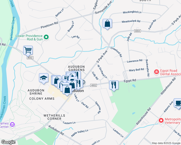 map of restaurants, bars, coffee shops, grocery stores, and more near 21 Culp Road in Norristown