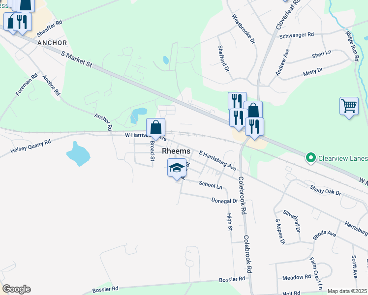 map of restaurants, bars, coffee shops, grocery stores, and more near 108 East Harrisburg Avenue in Elizabethtown