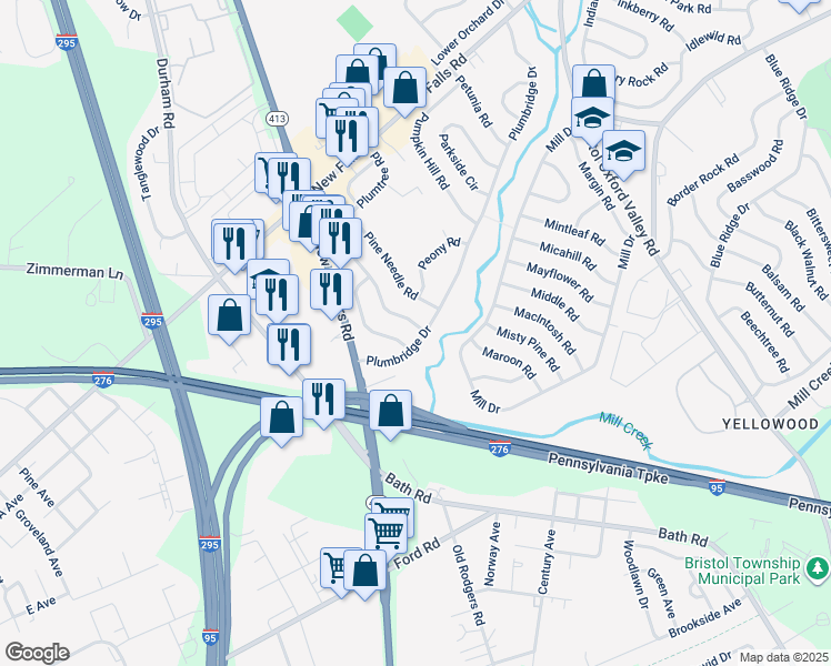 map of restaurants, bars, coffee shops, grocery stores, and more near 37 Plumbridge Drive in Levittown