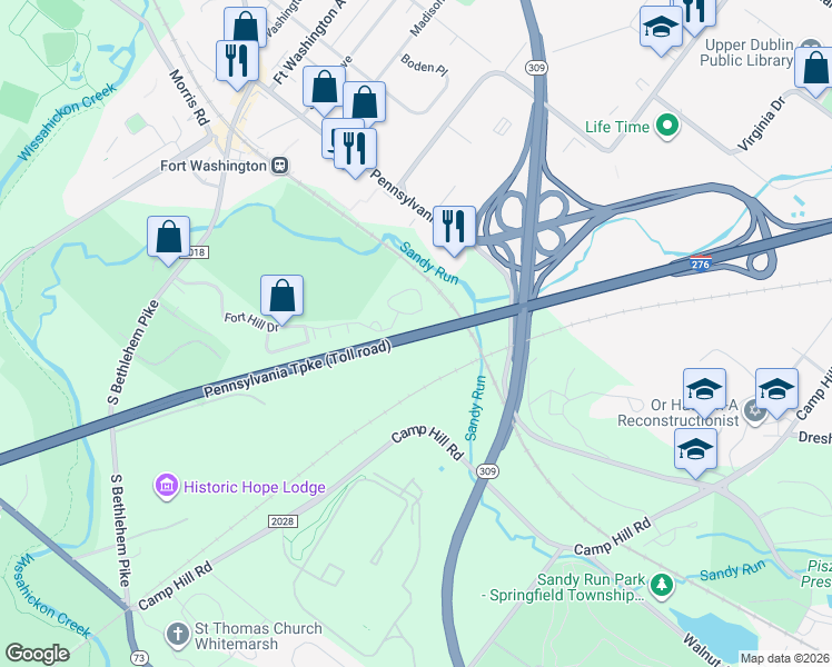 map of restaurants, bars, coffee shops, grocery stores, and more near Pennsylvania Turnpike in Fort Washington