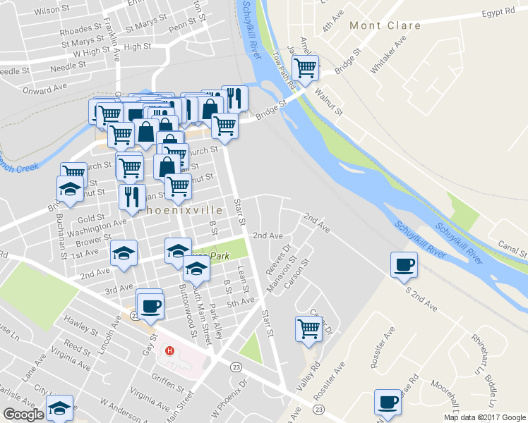 map of restaurants, bars, coffee shops, grocery stores, and more near 307 Chestnut Drive in Phoenixville