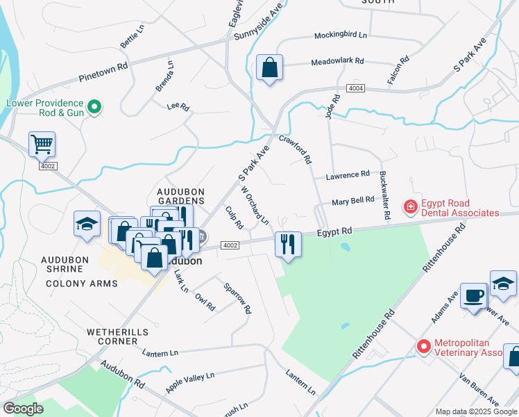 map of restaurants, bars, coffee shops, grocery stores, and more near 18 West Orchard Lane in Audubon