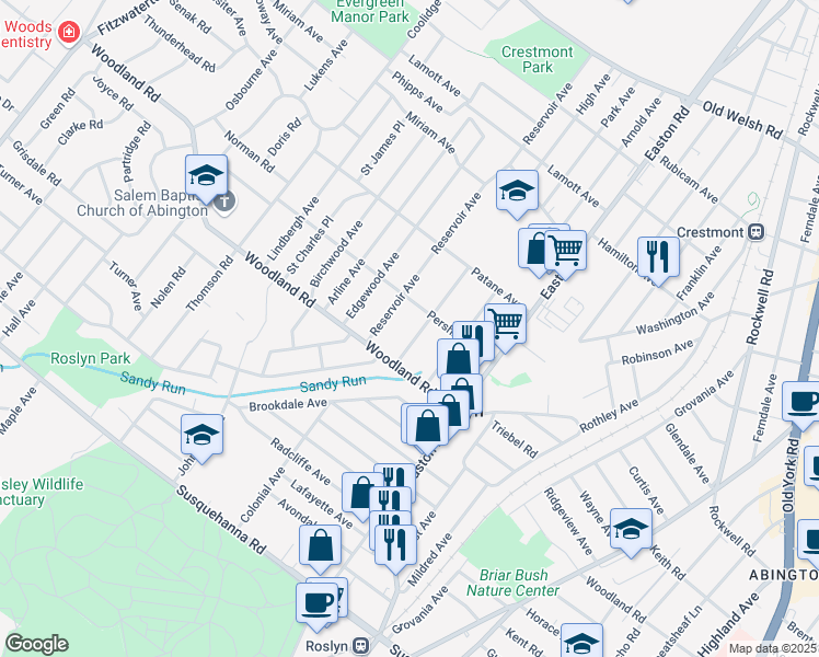 map of restaurants, bars, coffee shops, grocery stores, and more near 1370 High Avenue in Roslyn