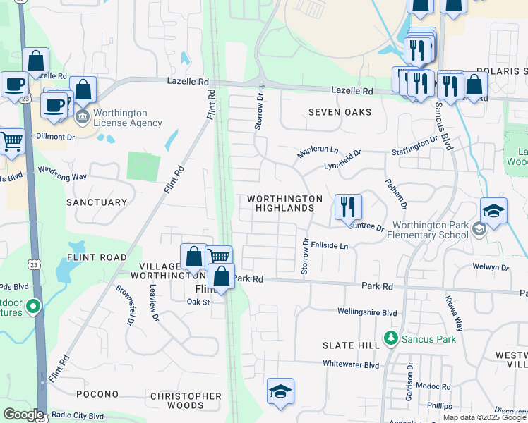 map of restaurants, bars, coffee shops, grocery stores, and more near 555 Annarose Run in Westerville