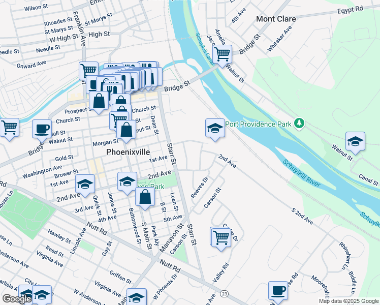 map of restaurants, bars, coffee shops, grocery stores, and more near 307 Chestnut Drive in Phoenixville