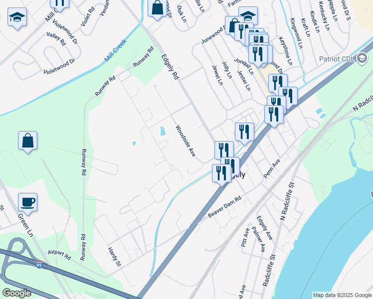 map of restaurants, bars, coffee shops, grocery stores, and more near 22 Woodside Avenue in Levittown