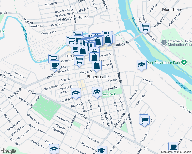 map of restaurants, bars, coffee shops, grocery stores, and more near 200 Main Street in Phoenixville