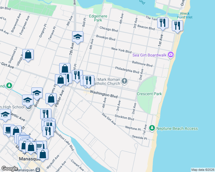 map of restaurants, bars, coffee shops, grocery stores, and more near 321 Crescent Parkway in Sea Girt