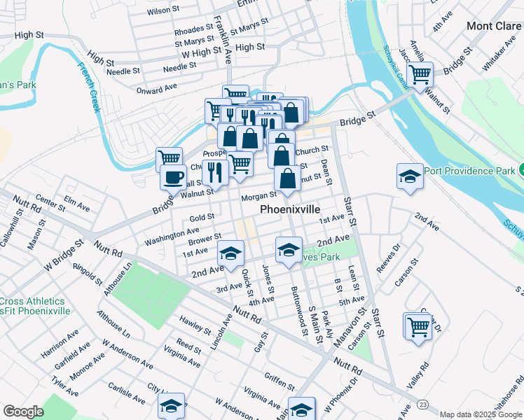 map of restaurants, bars, coffee shops, grocery stores, and more near 239 1/2 Washington Avenue in Phoenixville