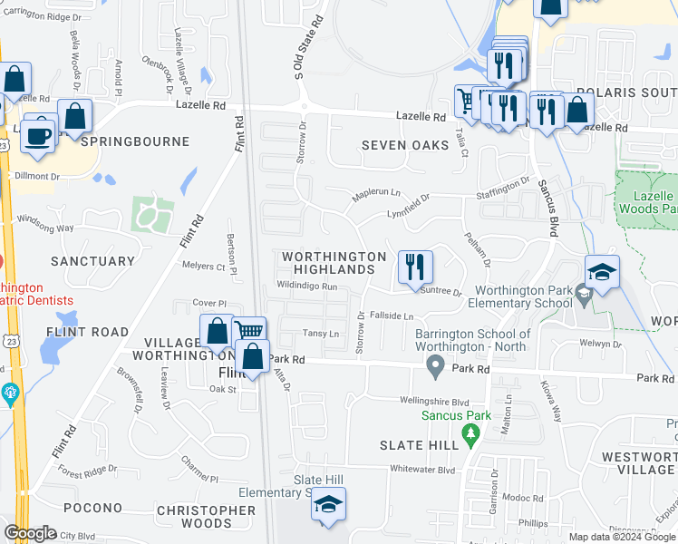 map of restaurants, bars, coffee shops, grocery stores, and more near 599 Annarose Run in Westerville