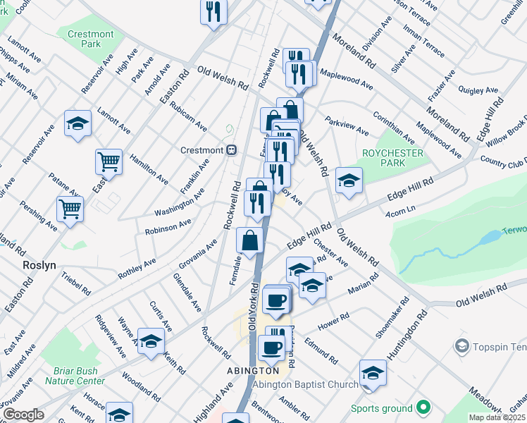 map of restaurants, bars, coffee shops, grocery stores, and more near 1647 Ferndale Avenue in Abington