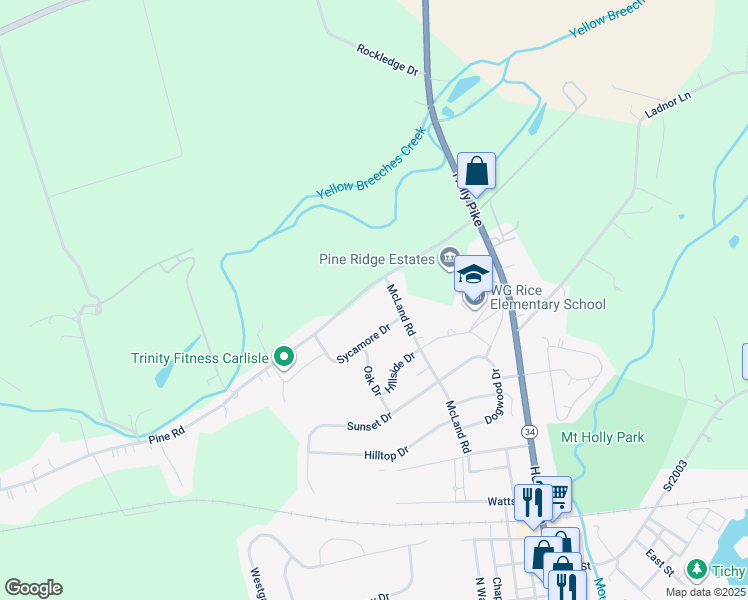 map of restaurants, bars, coffee shops, grocery stores, and more near 105 Pine Road in Mount Holly Springs