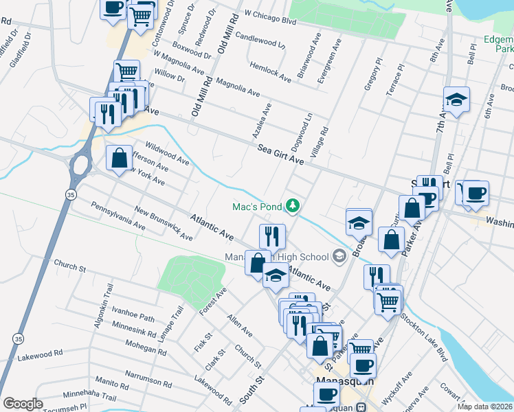 map of restaurants, bars, coffee shops, grocery stores, and more near 2208 Lincris Lane in Manasquan