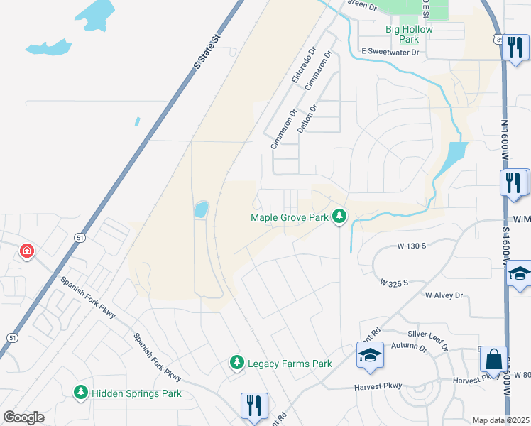 map of restaurants, bars, coffee shops, grocery stores, and more near 172 Santa Fe Drive South in Springville