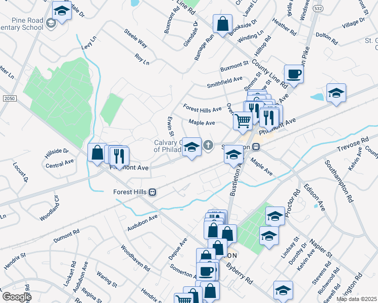 map of restaurants, bars, coffee shops, grocery stores, and more near 14000 Faraday Street in Philadelphia