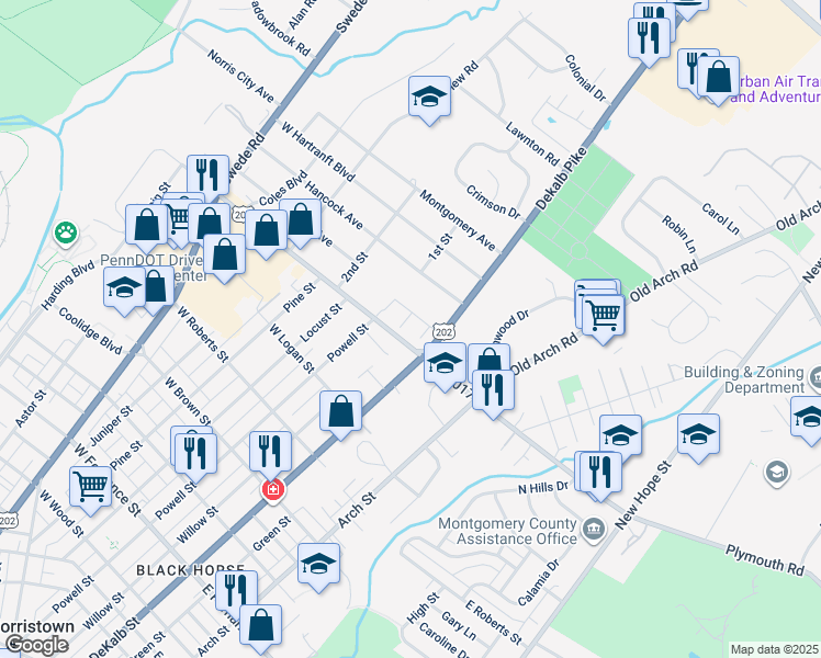 map of restaurants, bars, coffee shops, grocery stores, and more near 174 Bradbury Drive in East Norriton