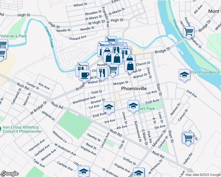 map of restaurants, bars, coffee shops, grocery stores, and more near 323 Morgan Street in Phoenixville