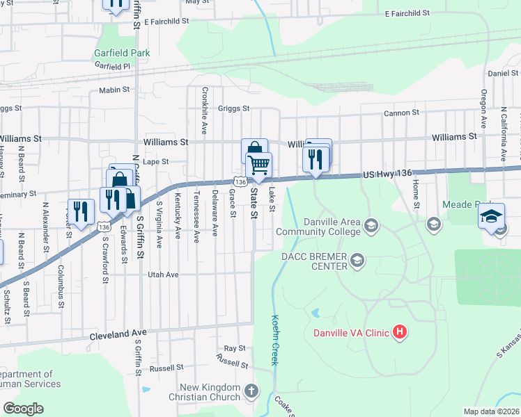 map of restaurants, bars, coffee shops, grocery stores, and more near 2-98 Lake Street in Danville