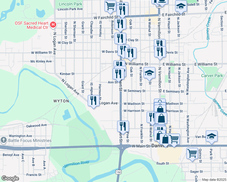 map of restaurants, bars, coffee shops, grocery stores, and more near 409 North Gilbert Street in Danville