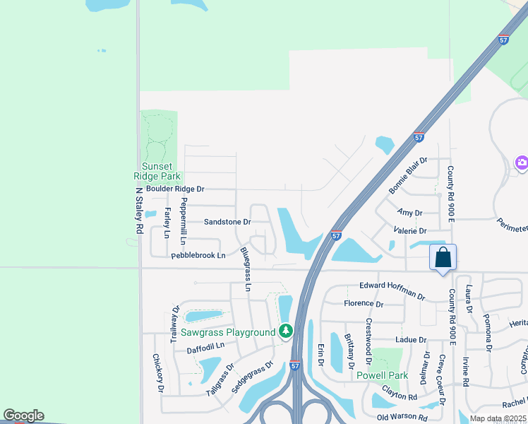 map of restaurants, bars, coffee shops, grocery stores, and more near 3609 Boulder Ridge Drive in Champaign