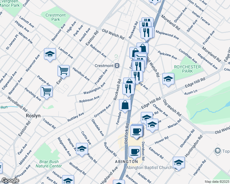 map of restaurants, bars, coffee shops, grocery stores, and more near 1628 Rockwell Road in Abington