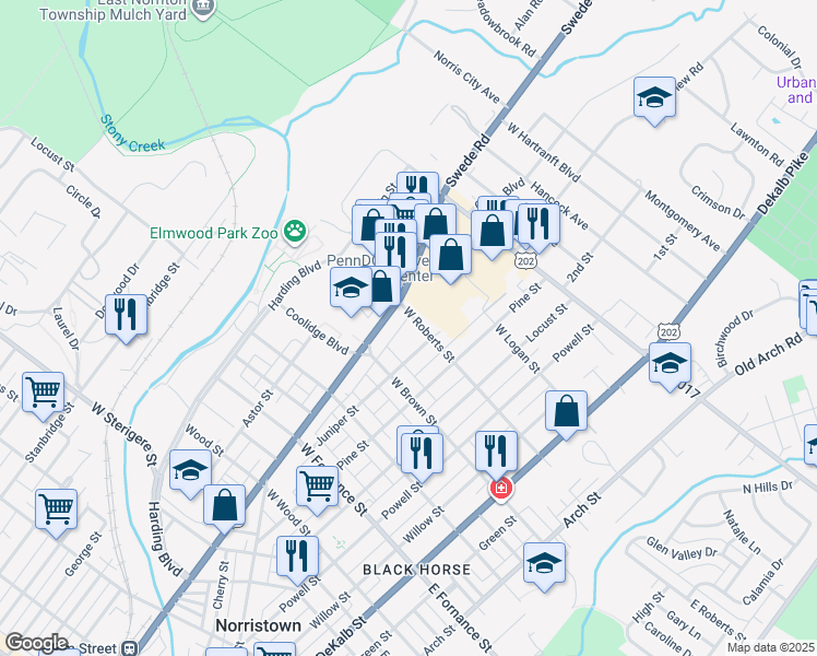 map of restaurants, bars, coffee shops, grocery stores, and more near 1650 Markley Street in Norristown