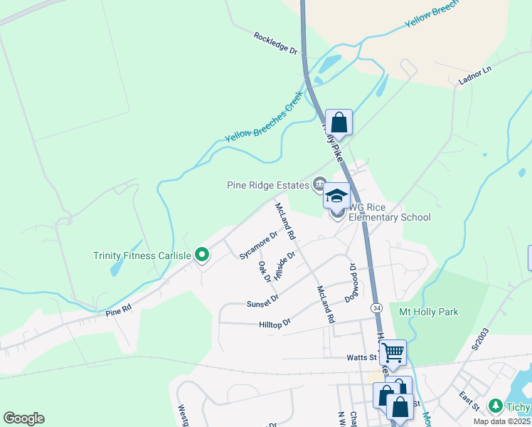 map of restaurants, bars, coffee shops, grocery stores, and more near 105 Pine Road in Mount Holly Springs