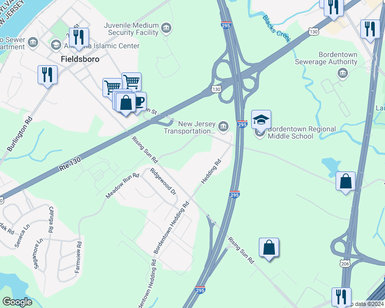 map of restaurants, bars, coffee shops, grocery stores, and more near 1 Bordentown Bypass in Bordentown