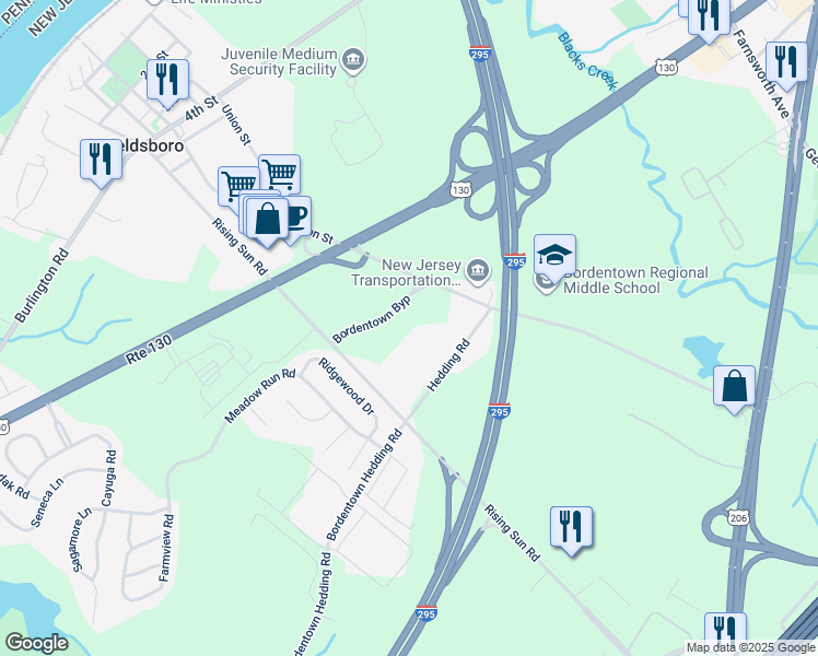 map of restaurants, bars, coffee shops, grocery stores, and more near 1 Bordentown Bypass in Bordentown