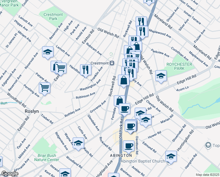 map of restaurants, bars, coffee shops, grocery stores, and more near 1628 Rockwell Road in Abington